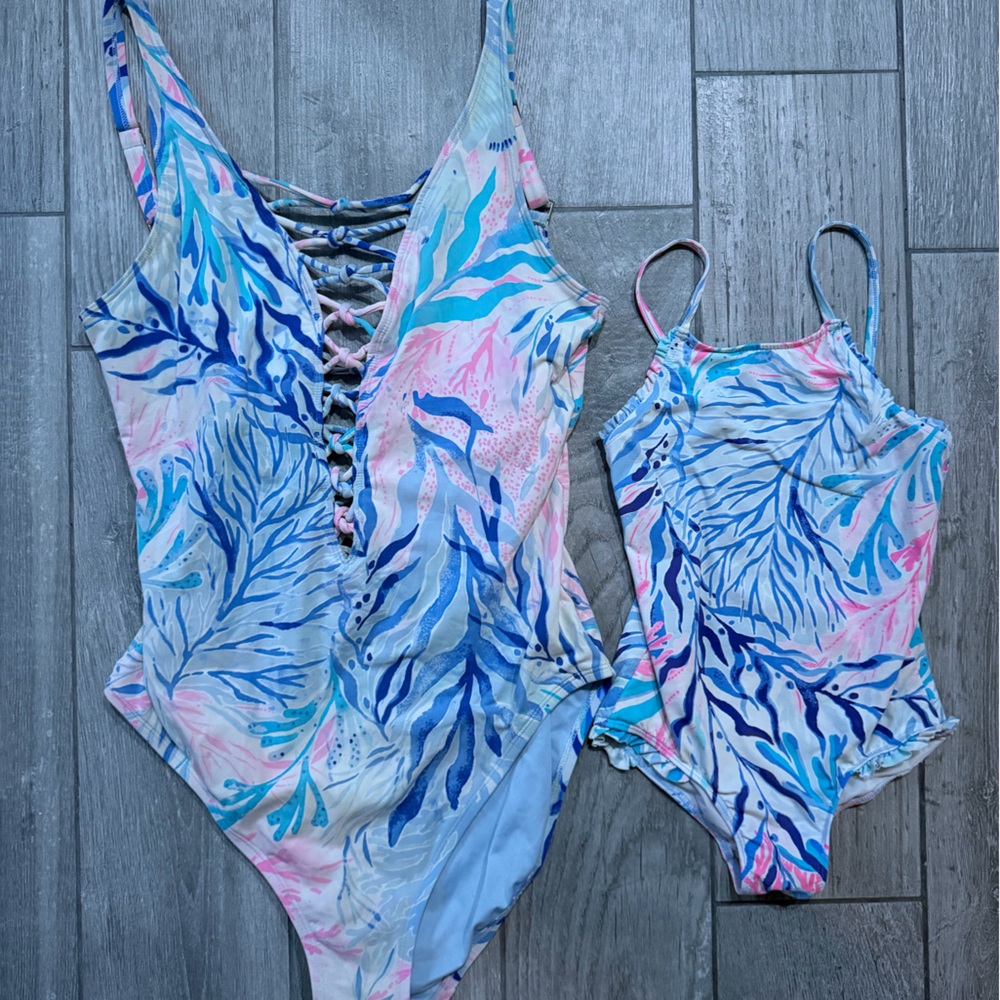 Lilly Pulitzer Isle Lattice One-Piece Swimsuits Kaleidoscope Coral Mom and Me